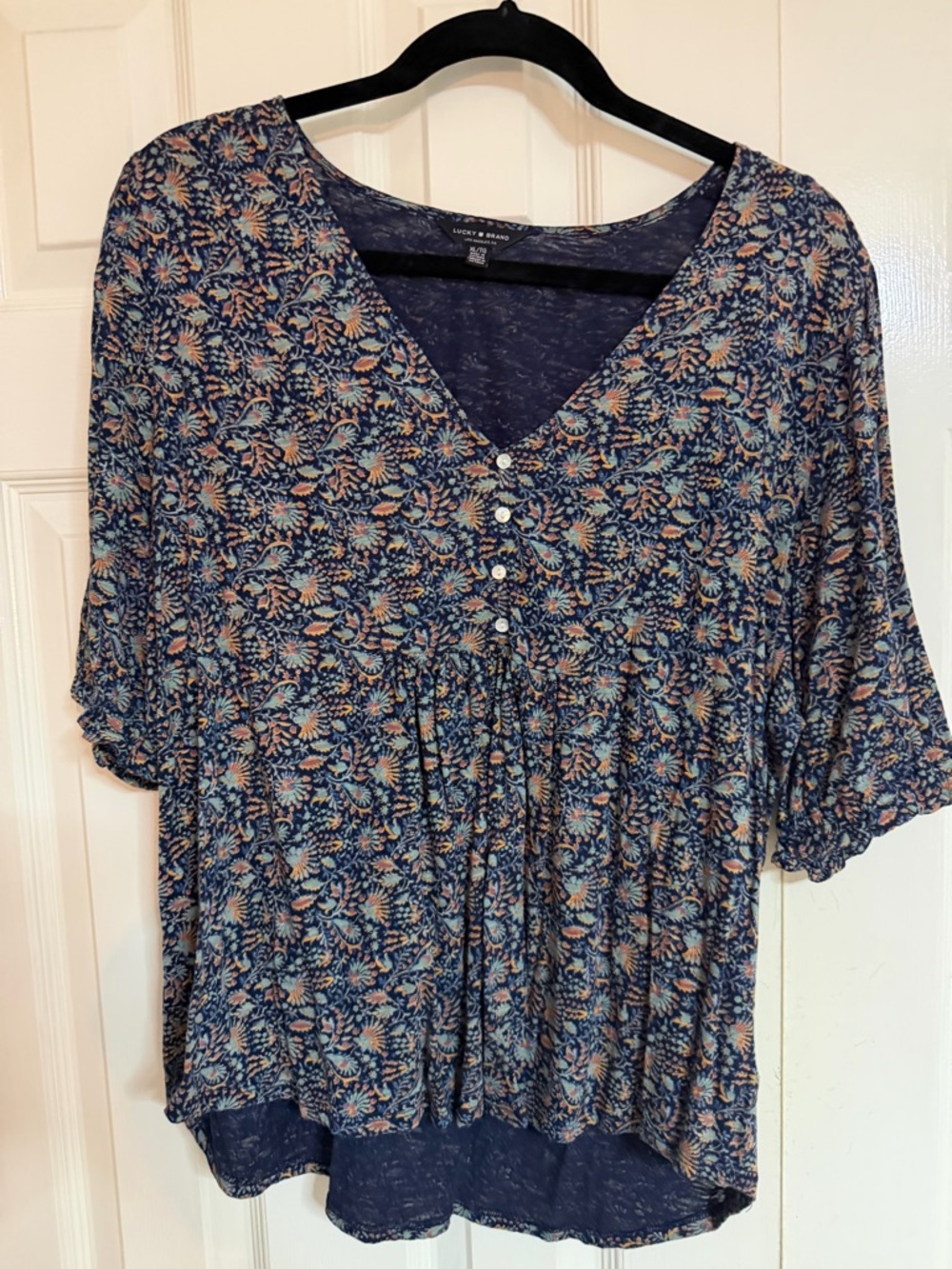 Lucky Brand Navy Floral V-Neck Button Babydoll Top